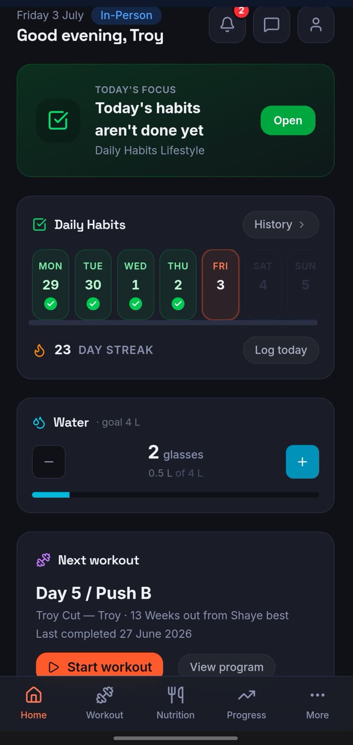 Fit Factory client app home screen
