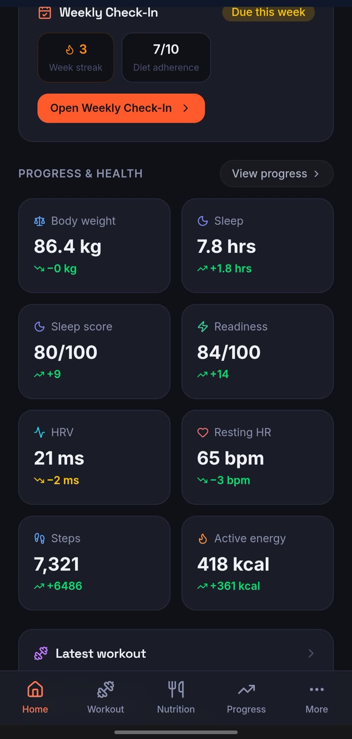 Fit Factory client app progress tracking screen
